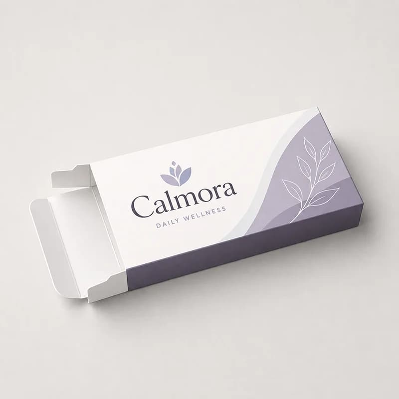ตัวอย่างกล่องยาและผลิตภัณฑ์สุขภาพแบรนด์ Calmora