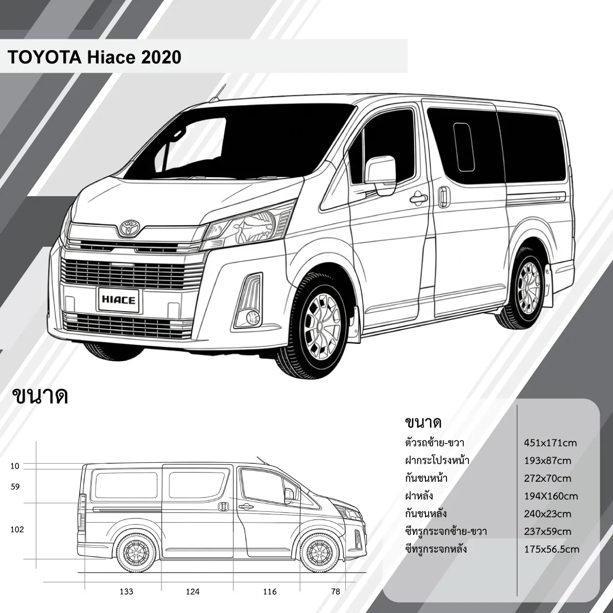 แบบอ้างอิงขนาดรถ Toyota Hiace 2020 สำหรับออกแบบสติ๊กเกอร์ติดรถ