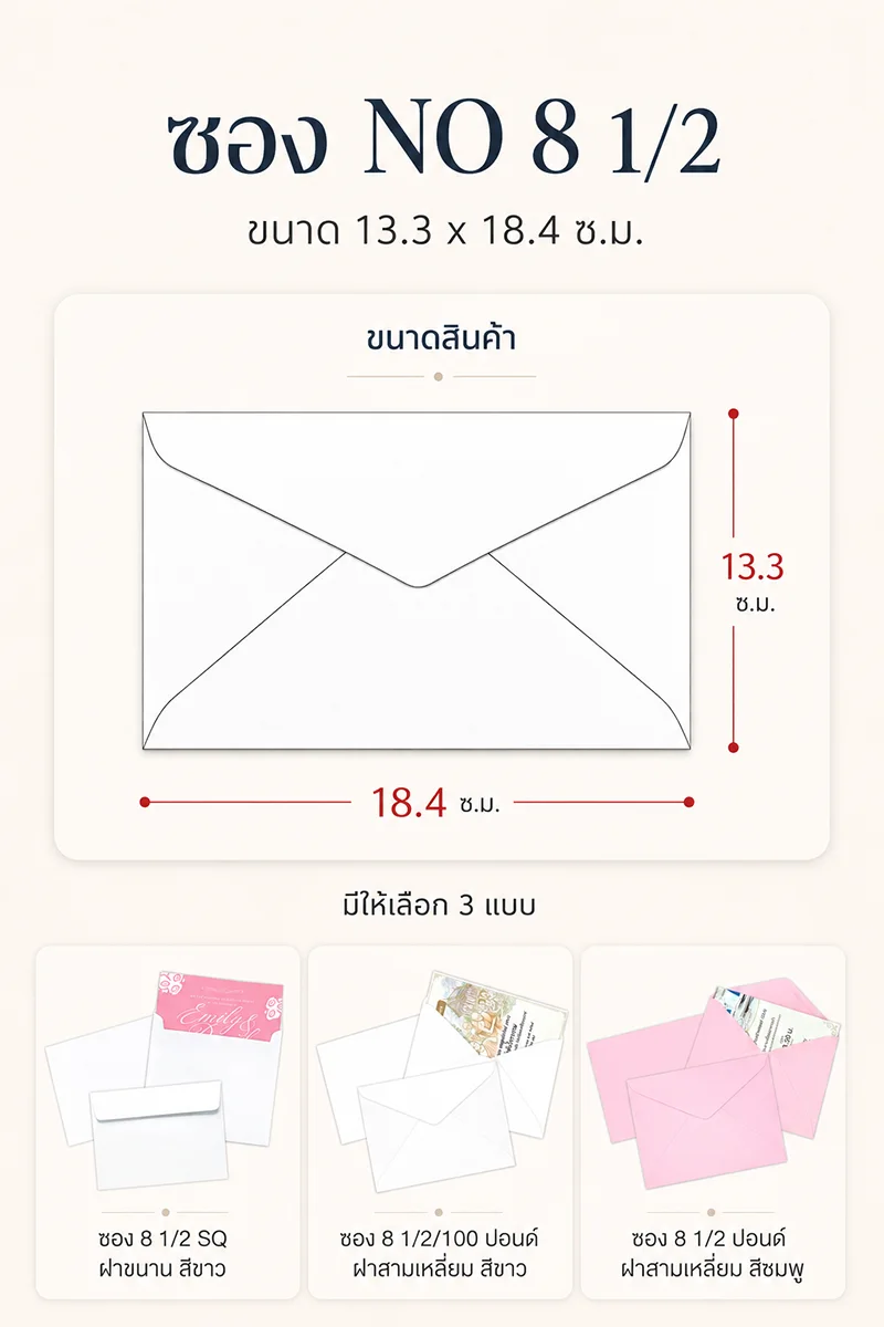 ตัวอย่างซอง NO 8 1/2 ขนาด 18.4 x 13.3 ซ.ม. สำหรับการ์ดและงานเอกสารองค์กร