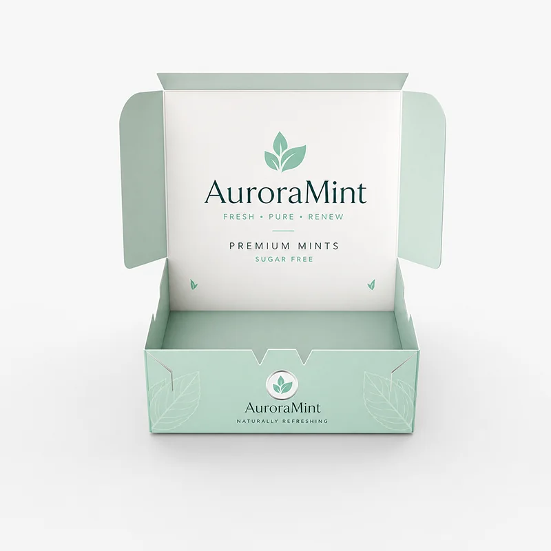 ตัวอย่างกล่องฝาเปิดด้านบนสำหรับสินค้าแบรนด์ AuroraMint