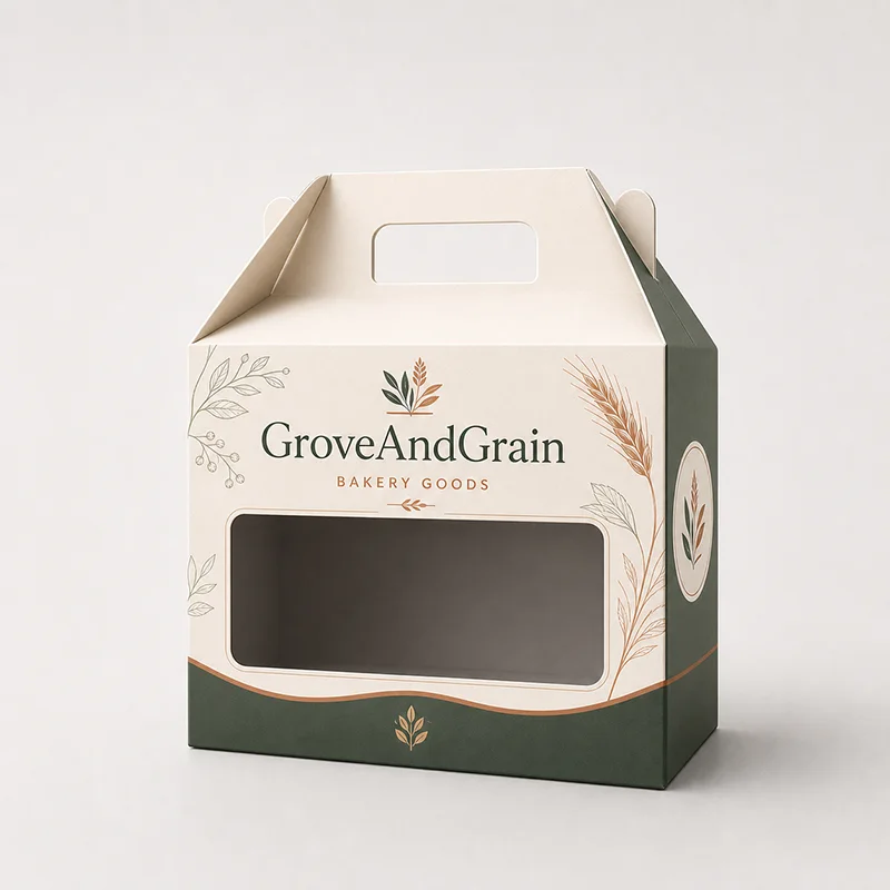 ตัวอย่างกล่องหน้าจั่วพร้อมช่องหน้าต่างแบรนด์ GroveAndGrain