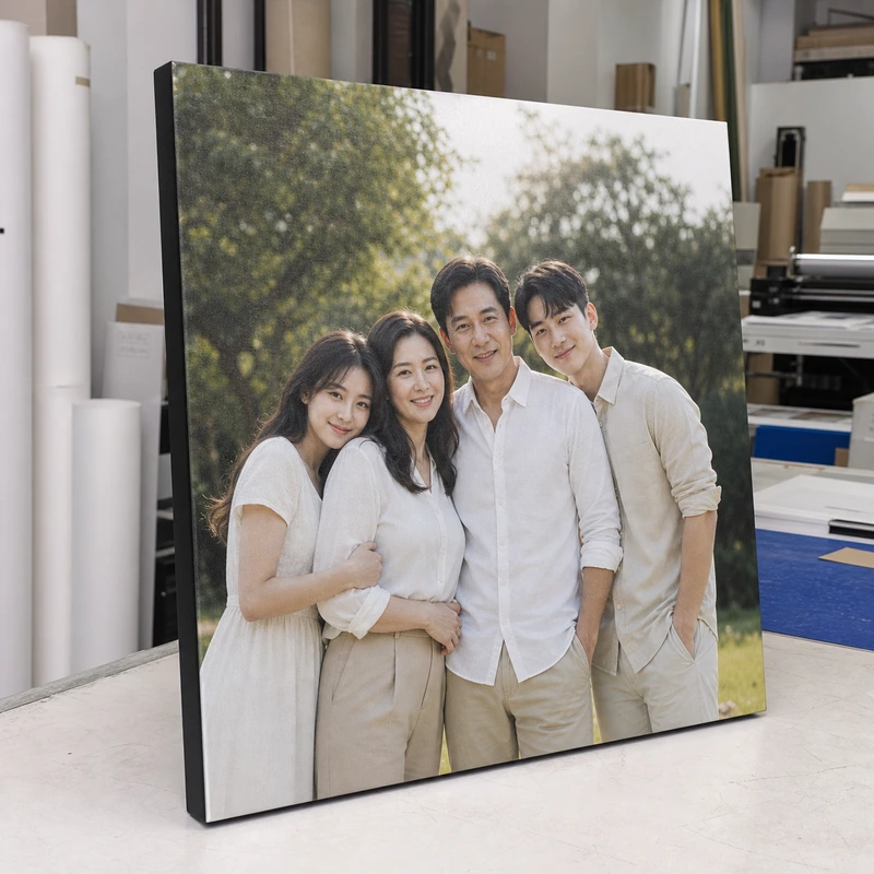 ตัวอย่างภาพพิมพ์กรอบลอยภาพครอบครัวบนโต๊ะงานพิมพ์