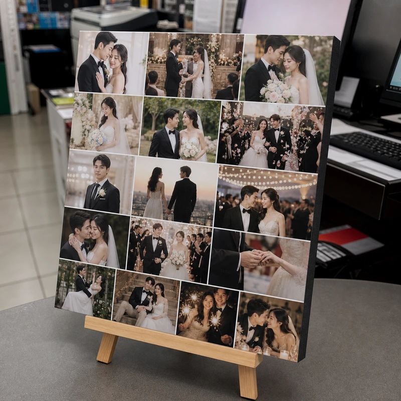 ตัวอย่างภาพพิมพ์กรอบลอยคอลลาจภาพแต่งงานบนขาตั้งไม้