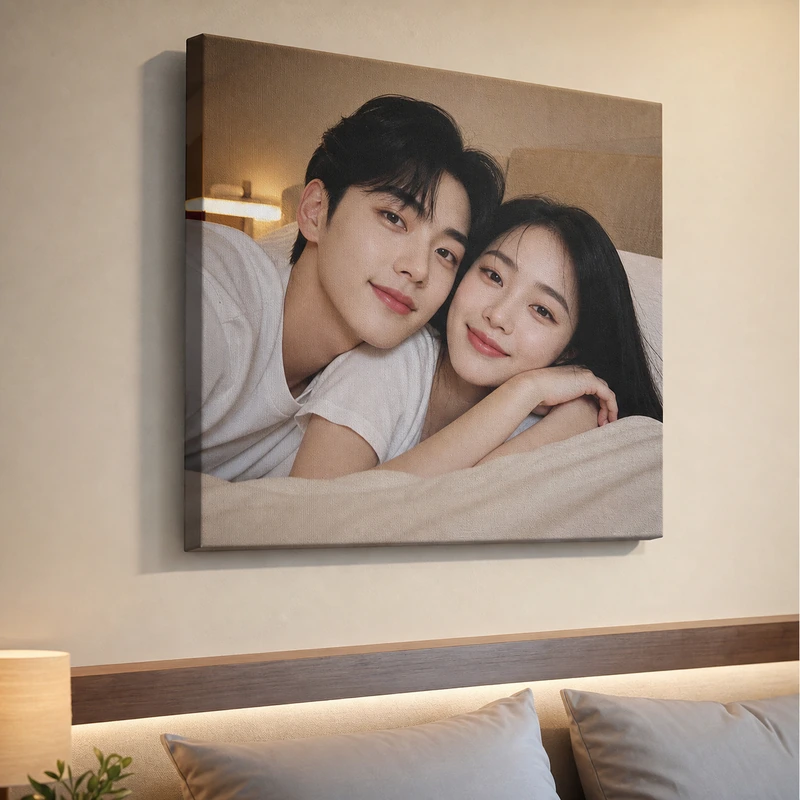 ตัวอย่างภาพพิมพ์กรอบลอยภาพคู่รักติดผนังห้องนอน